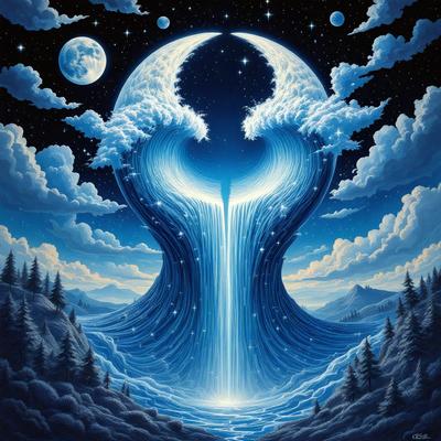 The primary subject of the image is a painting of a moon with a waterfall, surrounded by trees and a blue sky. The setting is a forest, and the visual style is a digital art or illustration. The dominant colors are blue and white, creating a serene and peaceful atmosphere.